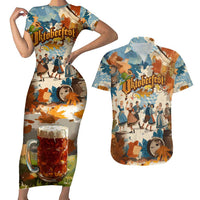 Oktoberfest Couples Matching Short Sleeve Bodycon Dress and Hawaiian Shirt with Beer Mug Illustration White Diamond Pattern - Wonder Print Shop