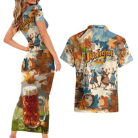Oktoberfest Couples Matching Short Sleeve Bodycon Dress and Hawaiian Shirt with Beer Mug Illustration White Diamond Pattern - Wonder Print Shop