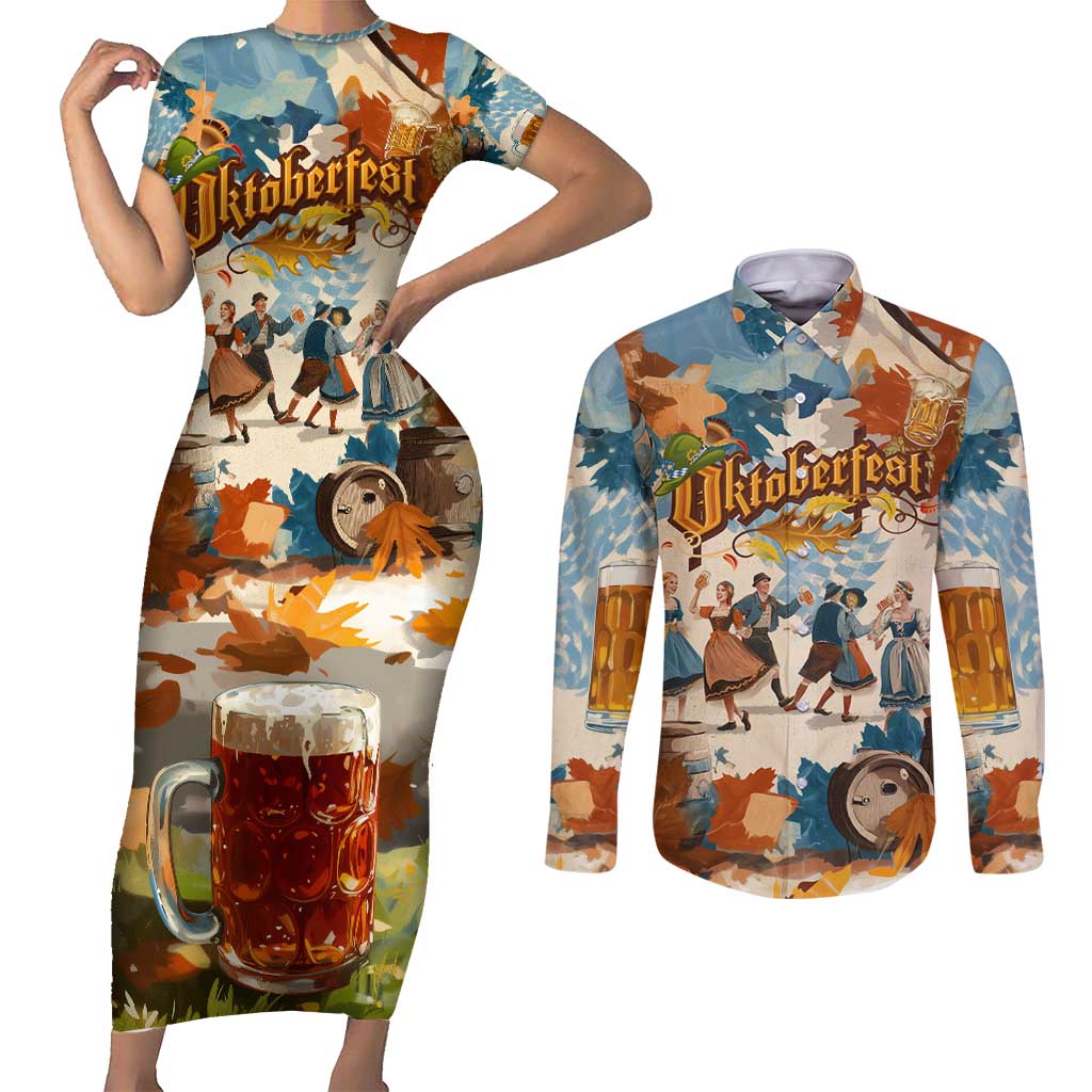 Oktoberfest Couples Matching Short Sleeve Bodycon Dress and Long Sleeve Button Shirt with Beer Mug Illustration White Diamond Pattern - Wonder Print Shop