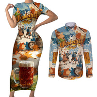 Oktoberfest Couples Matching Short Sleeve Bodycon Dress and Long Sleeve Button Shirt with Beer Mug Illustration White Diamond Pattern - Wonder Print Shop