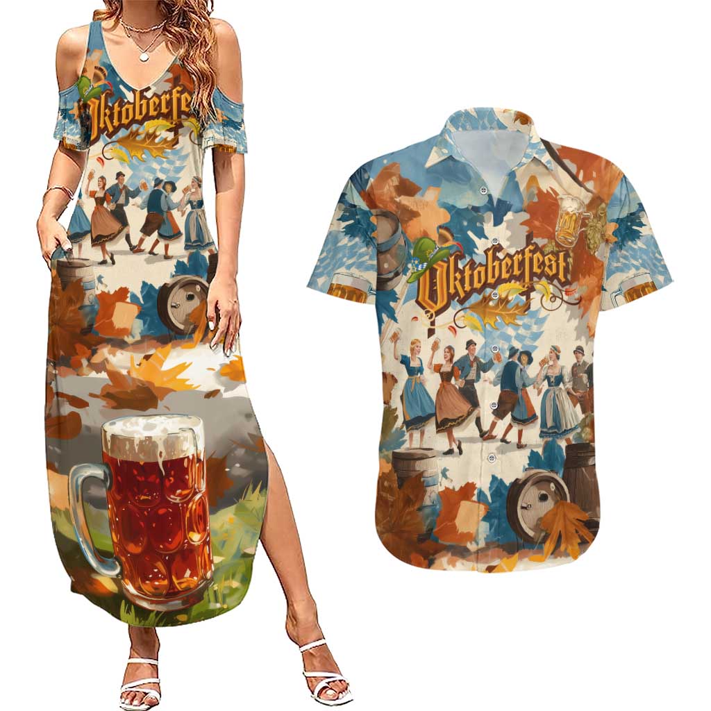 Oktoberfest Couples Matching Summer Maxi Dress and Hawaiian Shirt with Beer Mug Illustration White Diamond Pattern - Wonder Print Shop
