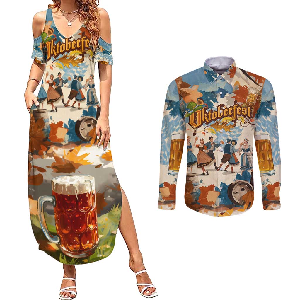 Oktoberfest Couples Matching Summer Maxi Dress and Long Sleeve Button Shirt with Beer Mug Illustration White Diamond Pattern - Wonder Print Shop