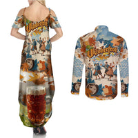 Oktoberfest Couples Matching Summer Maxi Dress and Long Sleeve Button Shirt with Beer Mug Illustration White Diamond Pattern - Wonder Print Shop