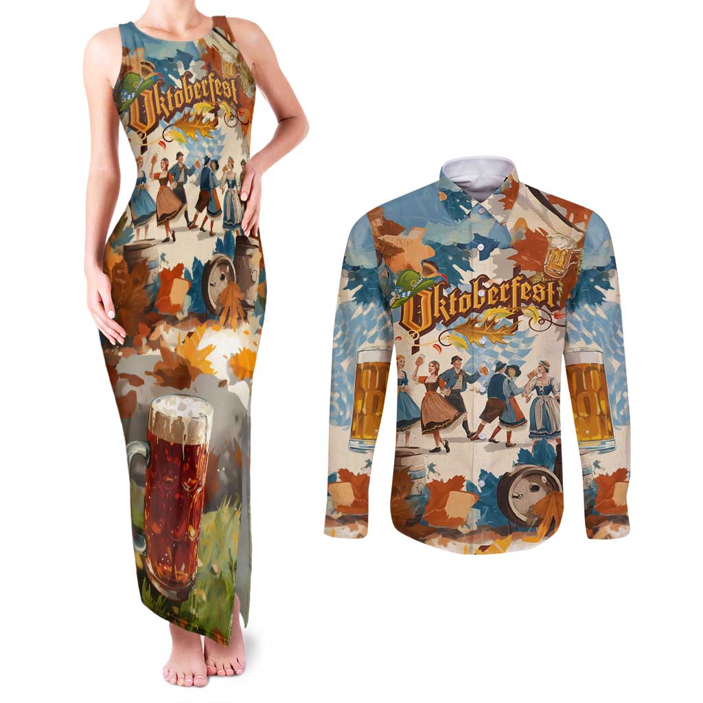 Oktoberfest Couples Matching Tank Maxi Dress and Long Sleeve Button Shirt with Beer Mug Illustration White Diamond Pattern - Wonder Print Shop
