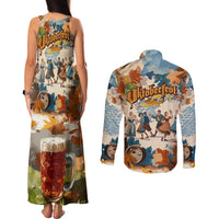 Oktoberfest Couples Matching Tank Maxi Dress and Long Sleeve Button Shirt with Beer Mug Illustration White Diamond Pattern - Wonder Print Shop