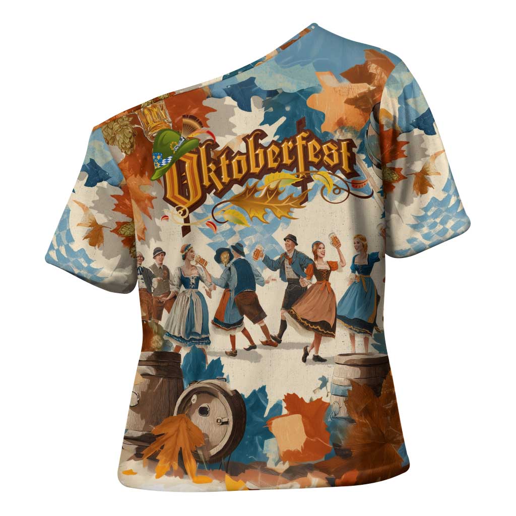 Oktoberfest Cross Shoulder Shirt with Beer Mug Illustration White Diamond Pattern - Wonder Print Shop