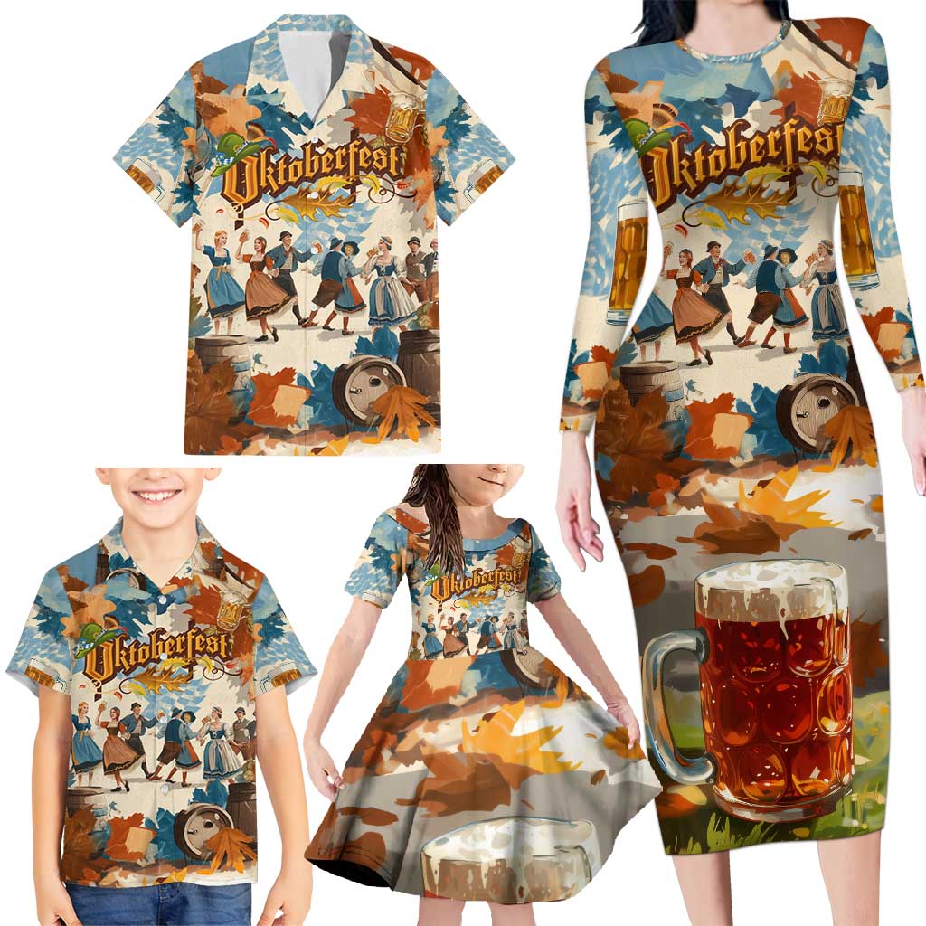 Oktoberfest Family Matching Long Sleeve Bodycon Dress and Hawaiian Shirt with Beer Mug Illustration White Diamond Pattern - Wonder Print Shop