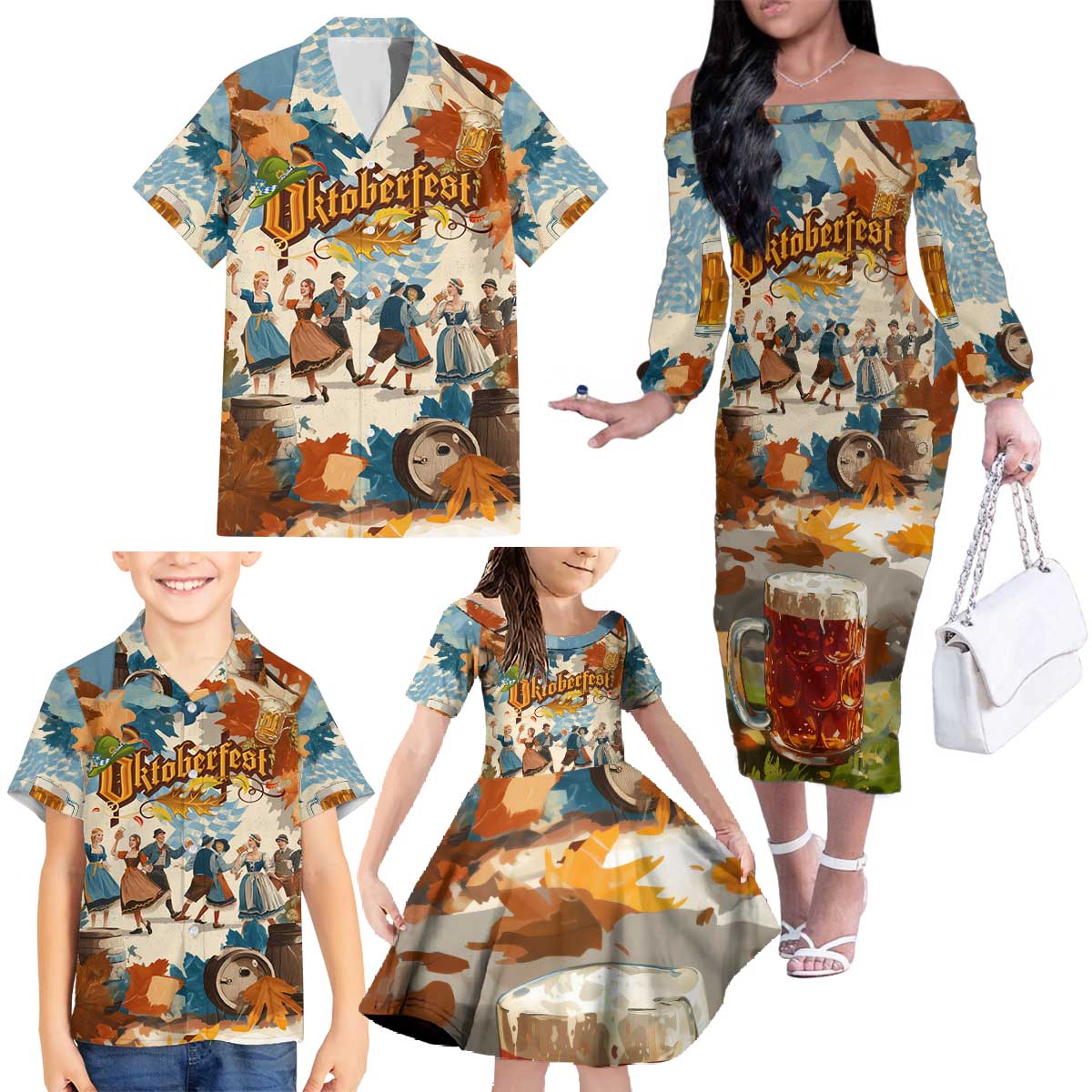 Oktoberfest Family Matching Off The Shoulder Long Sleeve Dress and Hawaiian Shirt with Beer Mug Illustration White Diamond Pattern - Wonder Print Shop