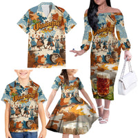 Oktoberfest Family Matching Off The Shoulder Long Sleeve Dress and Hawaiian Shirt with Beer Mug Illustration White Diamond Pattern - Wonder Print Shop