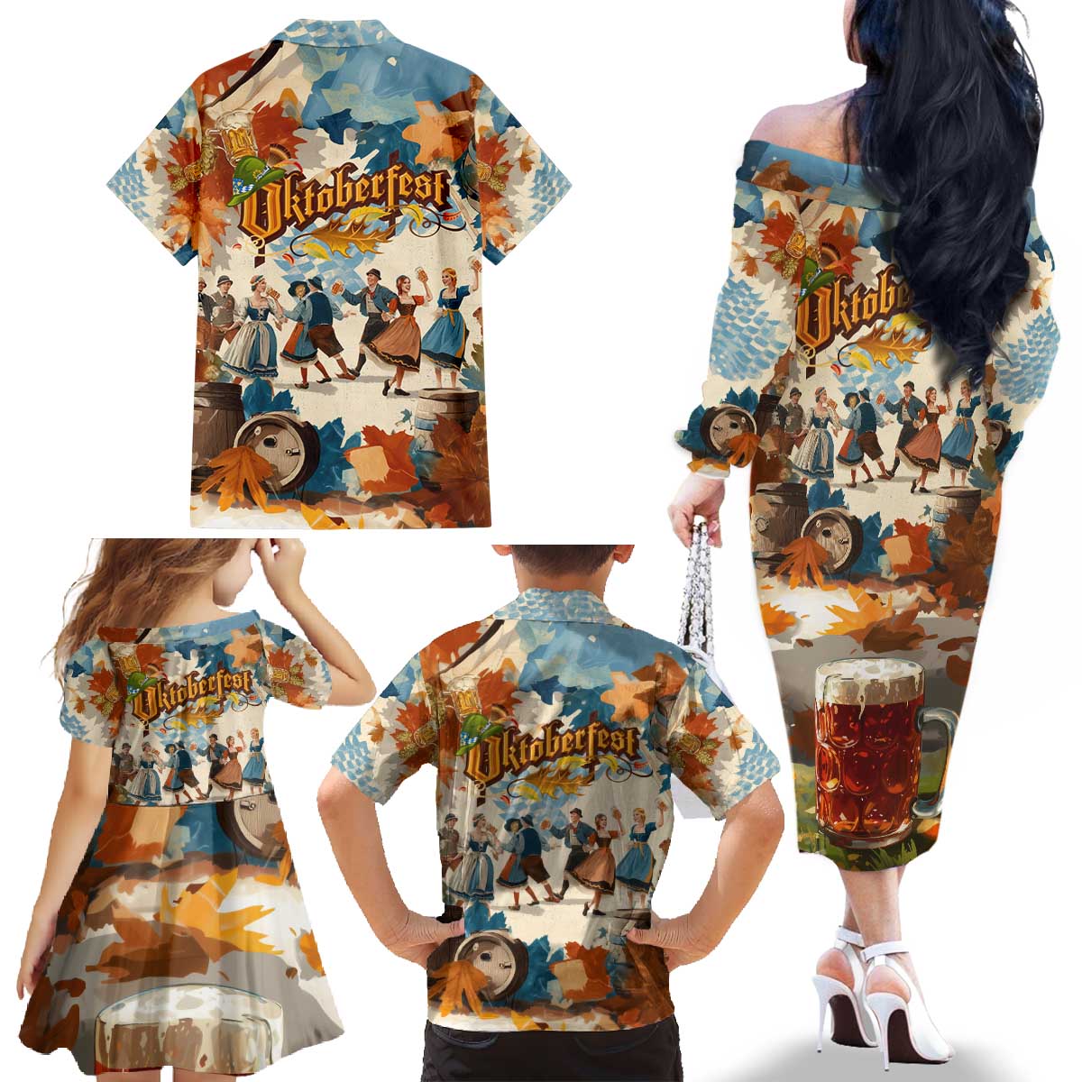 Oktoberfest Family Matching Off The Shoulder Long Sleeve Dress and Hawaiian Shirt with Beer Mug Illustration White Diamond Pattern - Wonder Print Shop