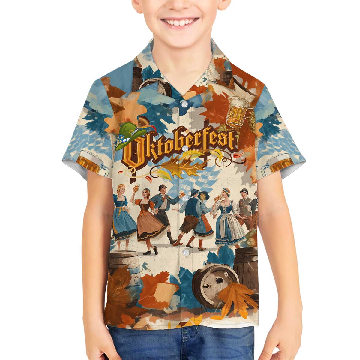 Oktoberfest Family Matching Off The Shoulder Long Sleeve Dress and Hawaiian Shirt with Beer Mug Illustration White Diamond Pattern - Wonder Print Shop