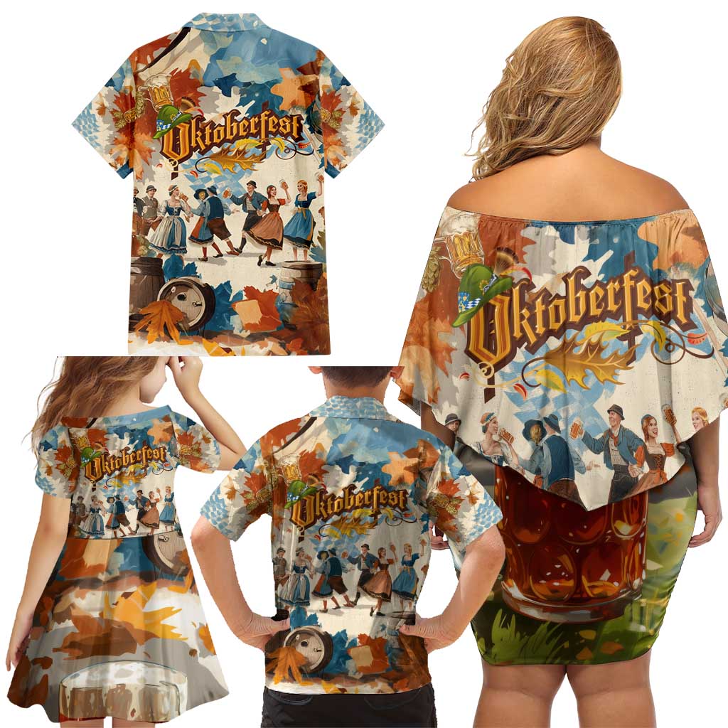 Oktoberfest Family Matching Off Shoulder Short Dress and Hawaiian Shirt with Beer Mug Illustration White Diamond Pattern - Wonder Print Shop