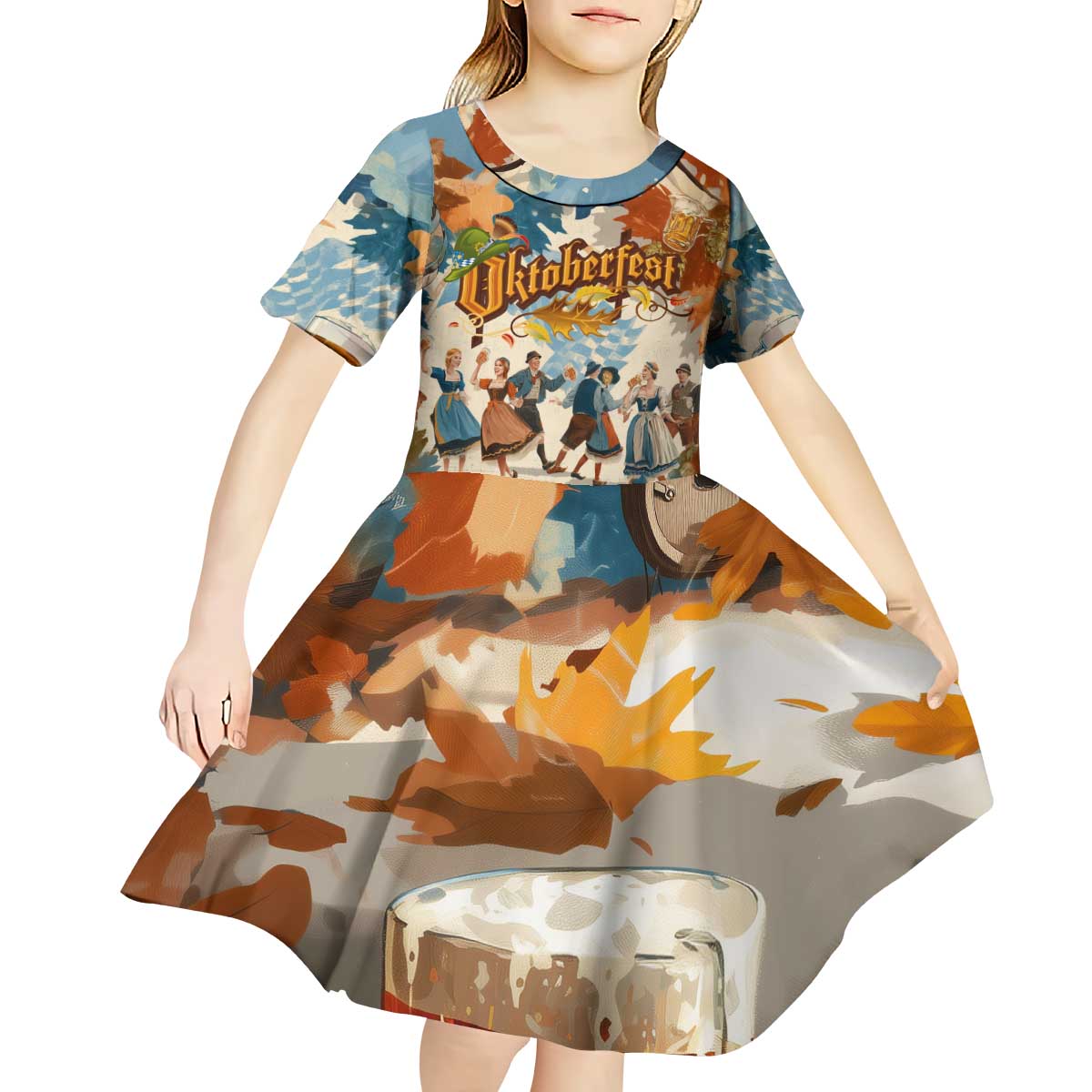 Oktoberfest Kid Short Sleeve Dress with Beer Mug Illustration White Diamond Pattern - Wonder Print Shop
