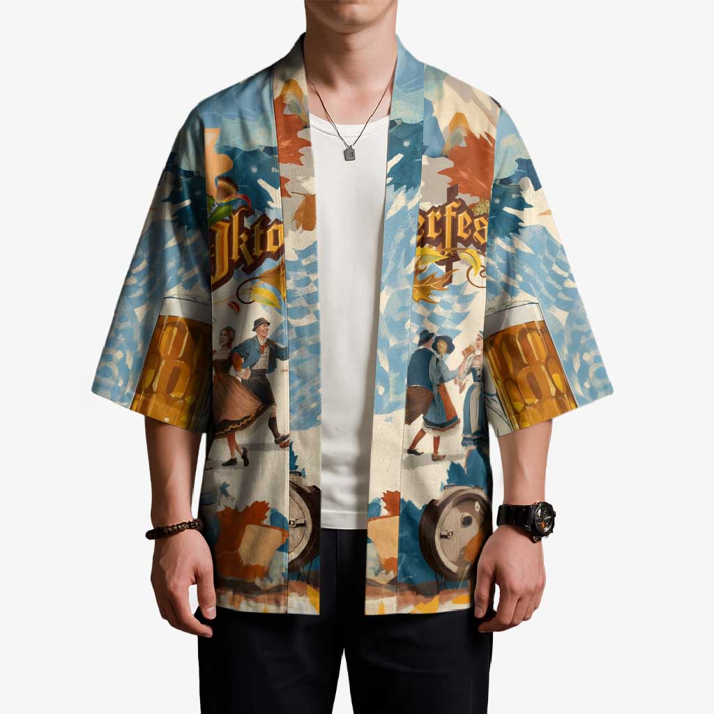 Oktoberfest Kimono with Beer Mug Illustration White Diamond Pattern - Wonder Print Shop