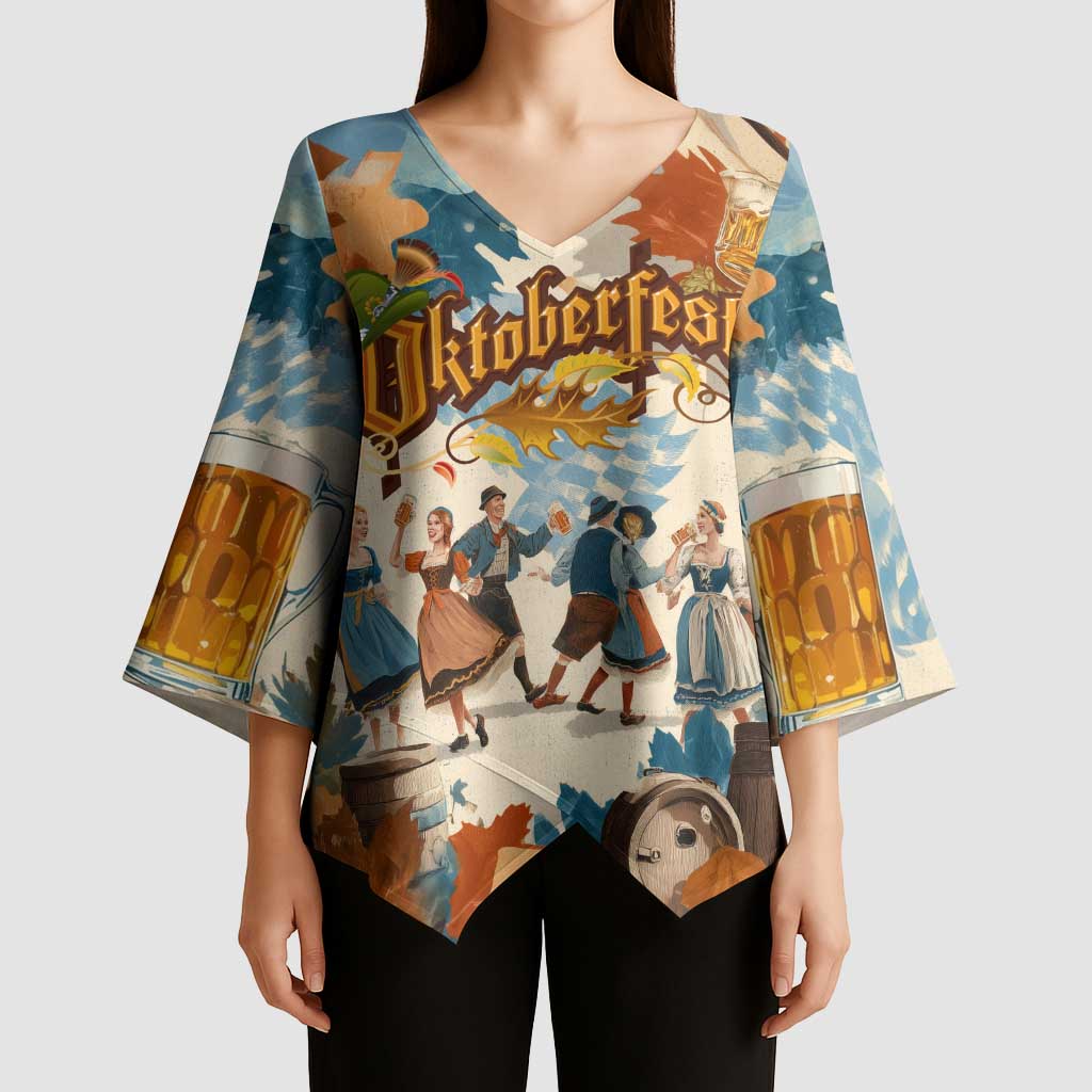 Oktoberfest Kimono Sleeve Blouse with Beer Mug Illustration White Diamond Pattern - Wonder Print Shop