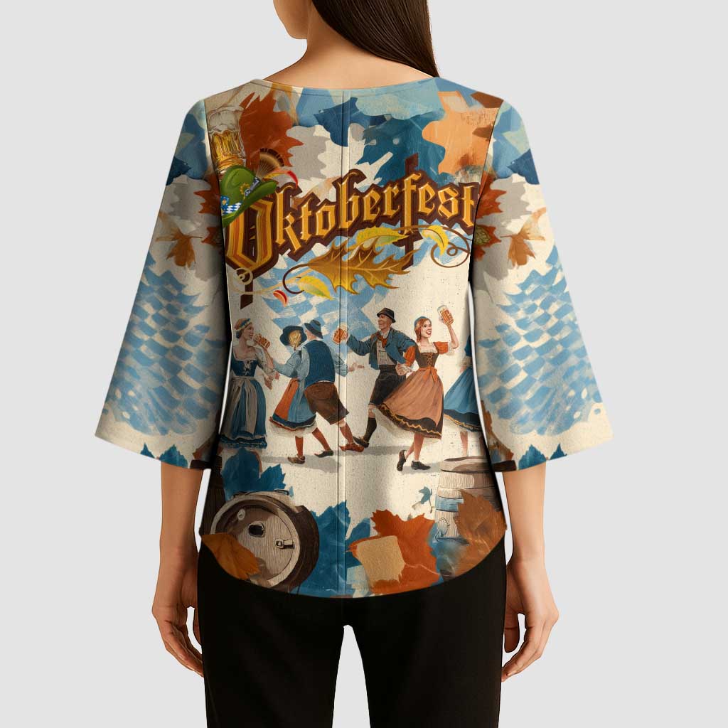 Oktoberfest Kimono Sleeve Blouse with Beer Mug Illustration White Diamond Pattern - Wonder Print Shop