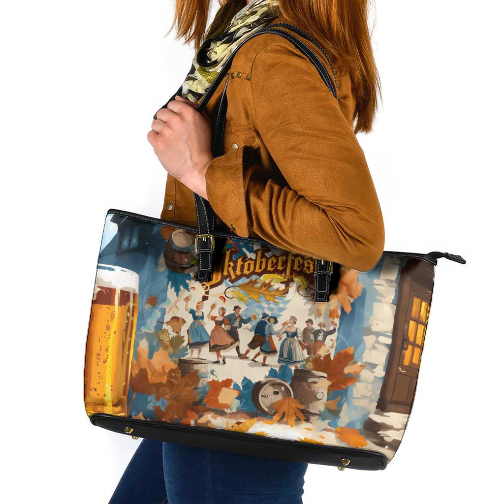Oktoberfest Leather Tote Bag with Beer Mug Illustration White Diamond Pattern - Wonder Print Shop