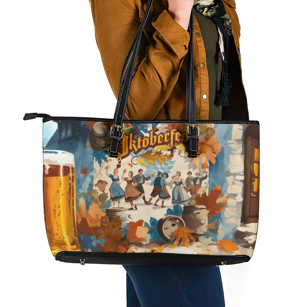 Oktoberfest Leather Tote Bag with Beer Mug Illustration White Diamond Pattern - Wonder Print Shop