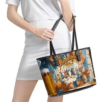 Oktoberfest Leather Tote Bag with Beer Mug Illustration White Diamond Pattern - Wonder Print Shop