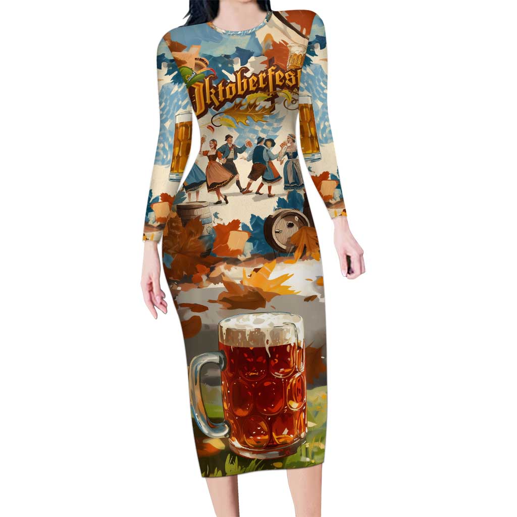 Oktoberfest Long Sleeve Bodycon Dress with Beer Mug Illustration White Diamond Pattern - Wonder Print Shop