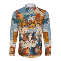 Oktoberfest Long Sleeve Button Shirt with Beer Mug Illustration White Diamond Pattern - Wonder Print Shop