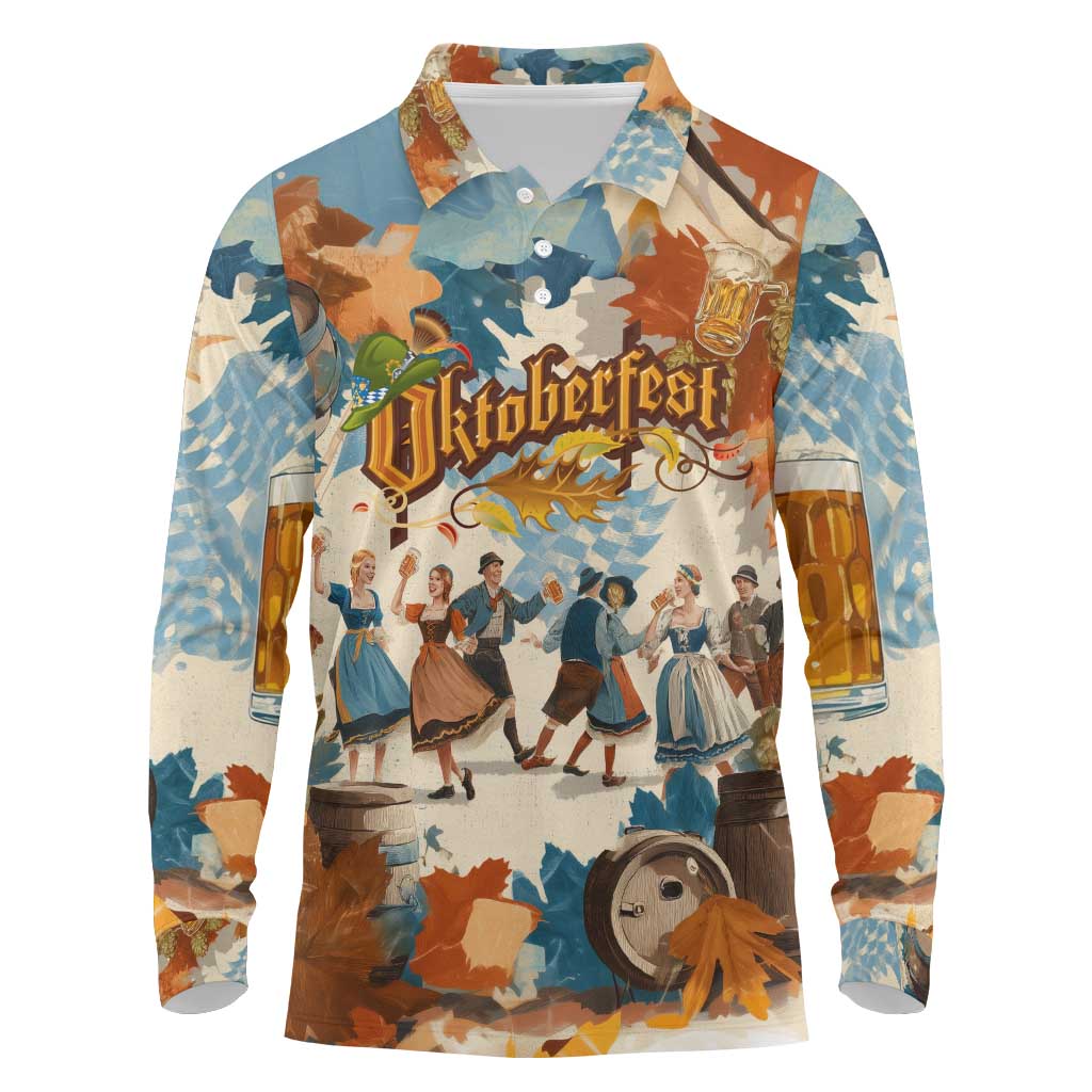 Oktoberfest Long Sleeve Polo Shirt with Beer Mug Illustration White Diamond Pattern - Wonder Print Shop