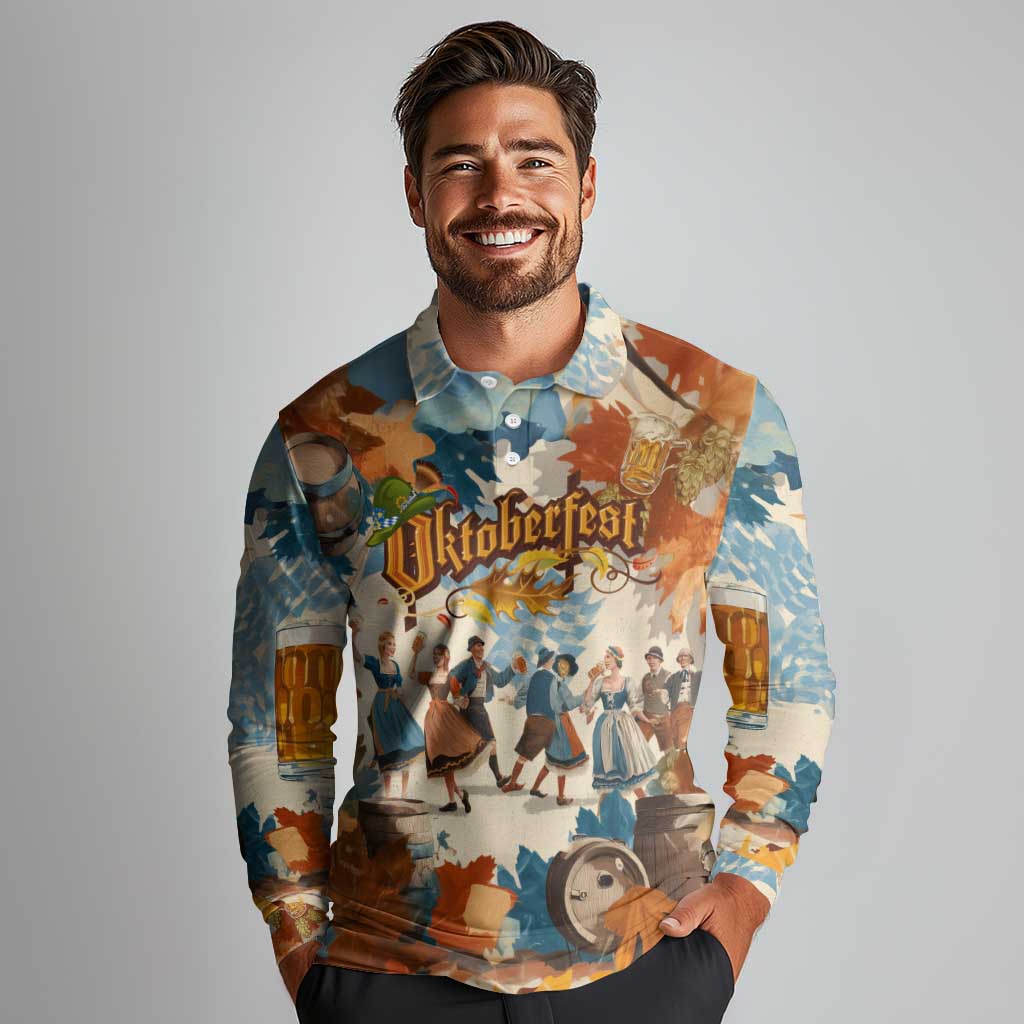Oktoberfest Long Sleeve Polo Shirt with Beer Mug Illustration White Diamond Pattern - Wonder Print Shop