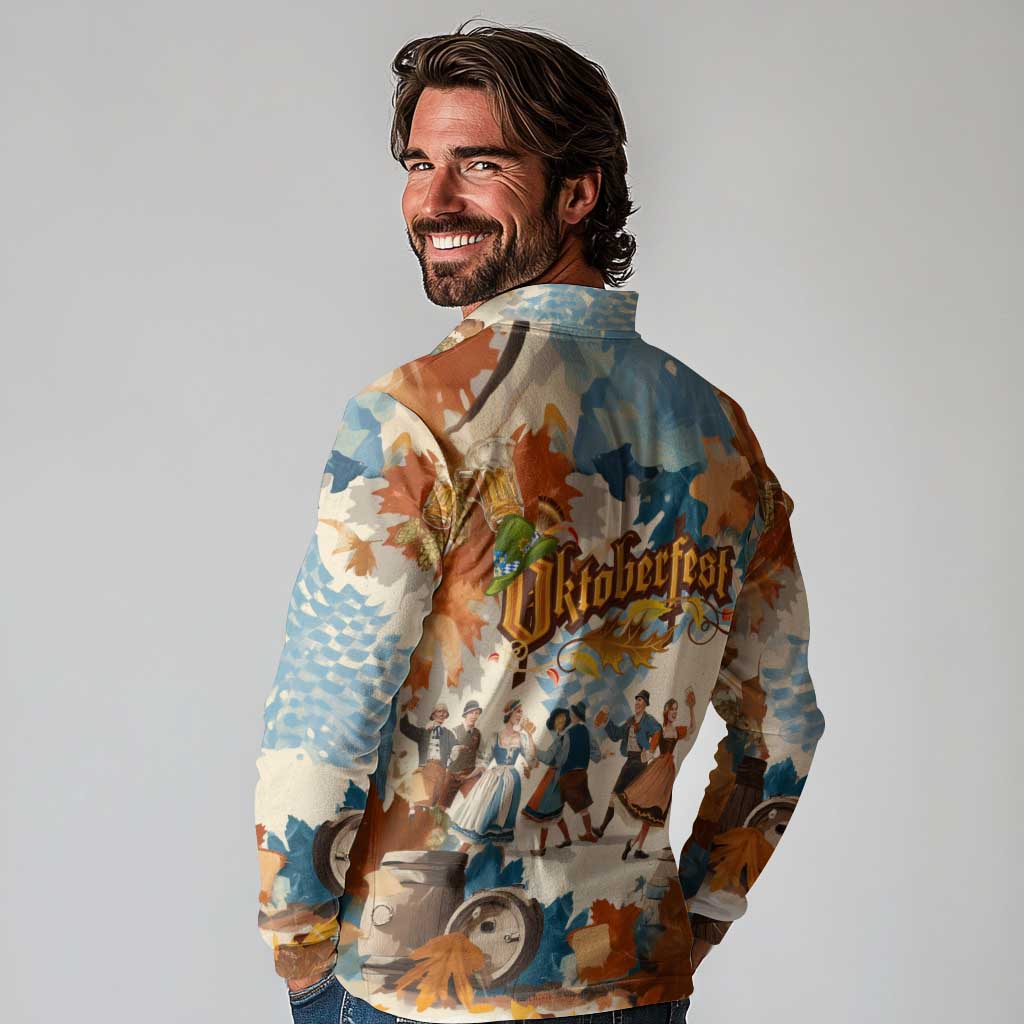 Oktoberfest Long Sleeve Polo Shirt with Beer Mug Illustration White Diamond Pattern - Wonder Print Shop