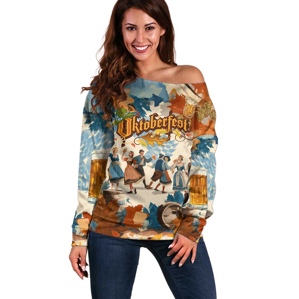 Oktoberfest Off Shoulder Sweater with Beer Mug Illustration White Diamond Pattern - Wonder Print Shop