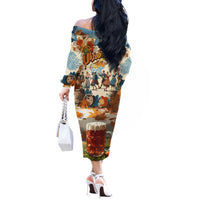 Oktoberfest Off The Shoulder Long Sleeve Dress with Beer Mug Illustration White Diamond Pattern - Wonder Print Shop