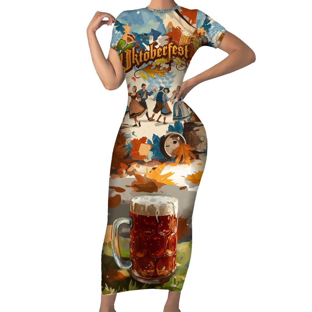 Oktoberfest Short Sleeve Bodycon Dress with Beer Mug Illustration White Diamond Pattern - Wonder Print Shop