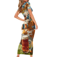 Oktoberfest Short Sleeve Bodycon Dress with Beer Mug Illustration White Diamond Pattern - Wonder Print Shop