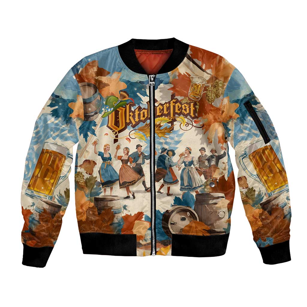 Oktoberfest Sleeve Zip Bomber Jacket with Beer Mug Illustration White Diamond Pattern - Wonder Print Shop