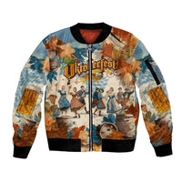 Oktoberfest Sleeve Zip Bomber Jacket with Beer Mug Illustration White Diamond Pattern - Wonder Print Shop