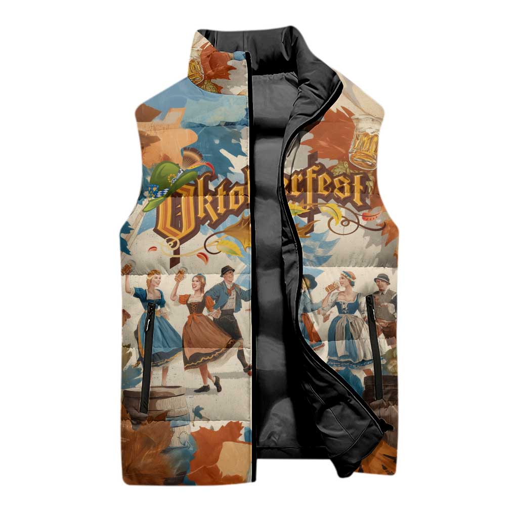 Oktoberfest Sleeveless Puffer Jacket with Beer Mug Illustration White Diamond Pattern - Wonder Print Shop