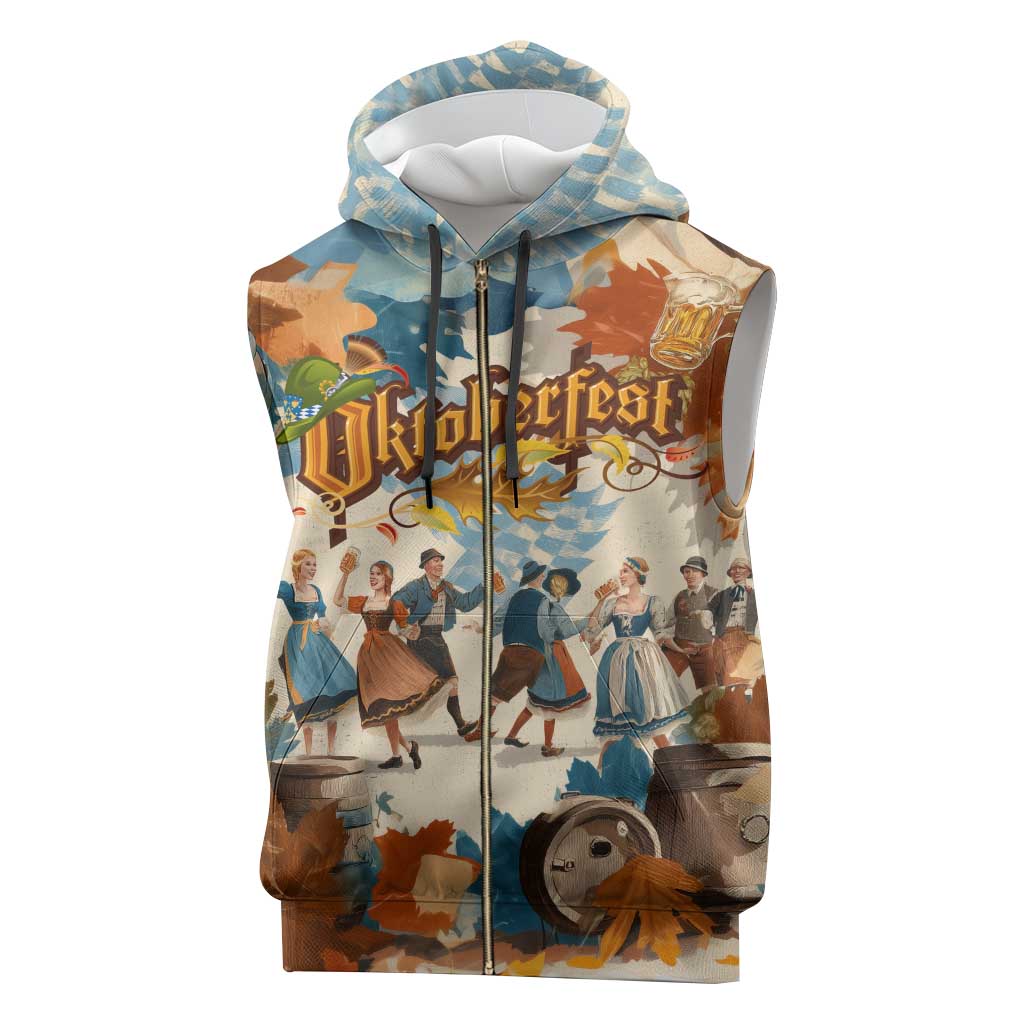 Oktoberfest Sleeveless Zip Hoodie with Beer Mug Illustration White Diamond Pattern - Wonder Print Shop