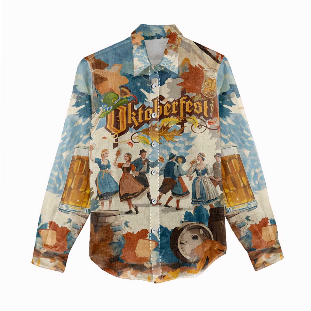 Oktoberfest Women Casual Shirt with Beer Mug Illustration White Diamond Pattern - Wonder Print Shop