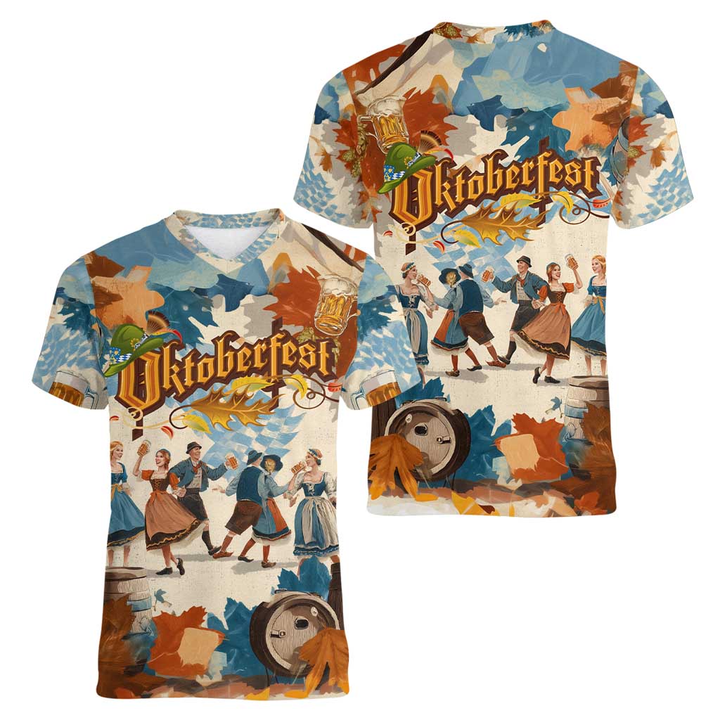 Oktoberfest Women V-Neck T-Shirt with Beer Mug Illustration White Diamond Pattern - Wonder Print Shop