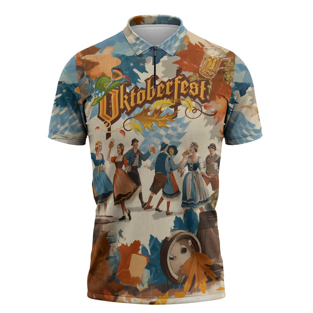 Oktoberfest Zipper Polo Shirt with Beer Mug Illustration White Diamond Pattern - Wonder Print Shop