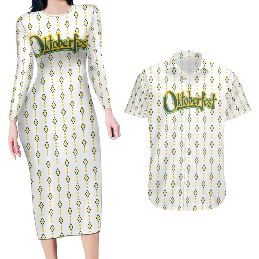 Oktoberfest Couples Matching Long Sleeve Bodycon Dress and Hawaiian Shirt with Oktoberfest Beer Mug Illustration White Diamond - Wonder Print Shop