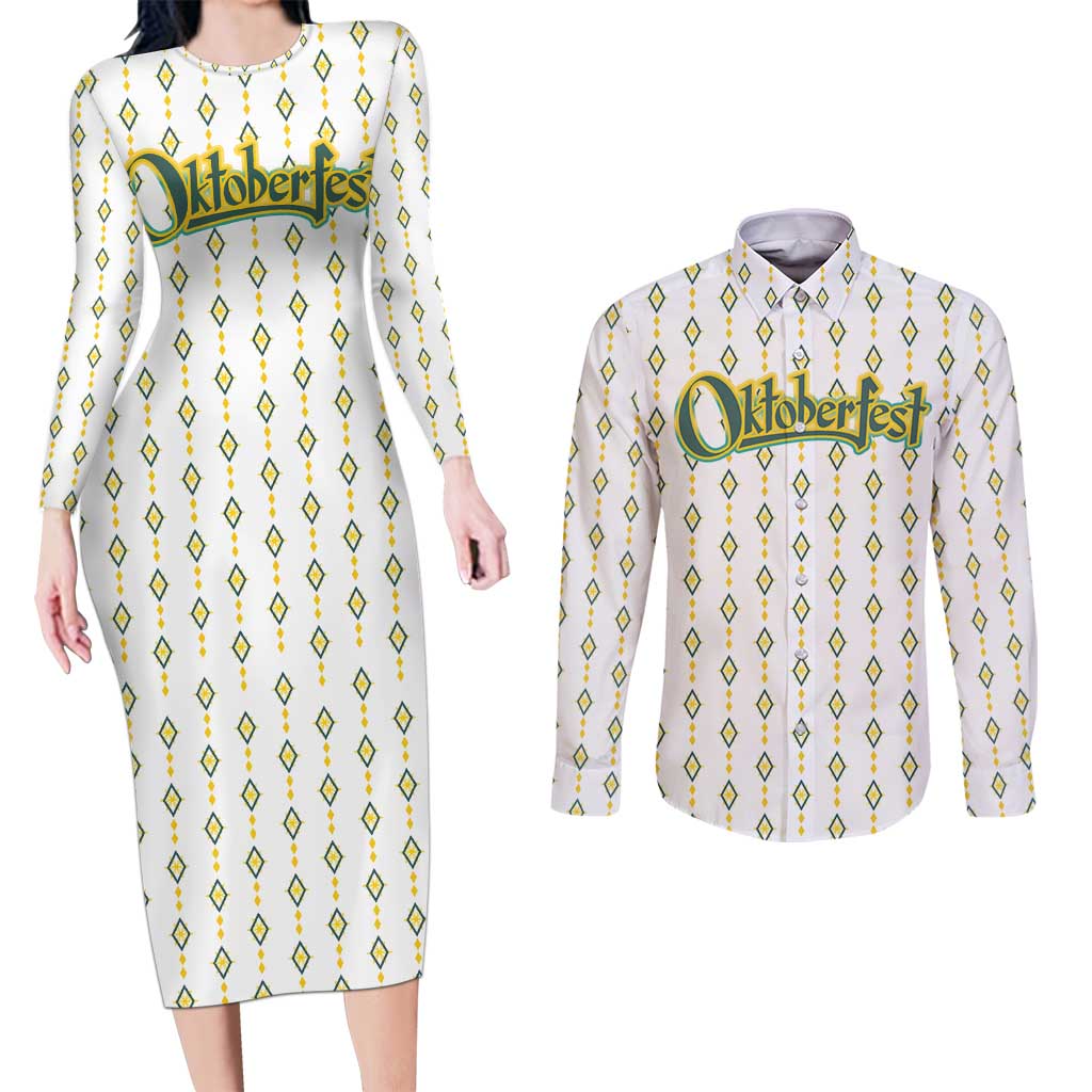 Oktoberfest Couples Matching Long Sleeve Bodycon Dress and Long Sleeve Button Shirt with Oktoberfest Beer Mug Illustration White Diamond - Wonder Print Shop