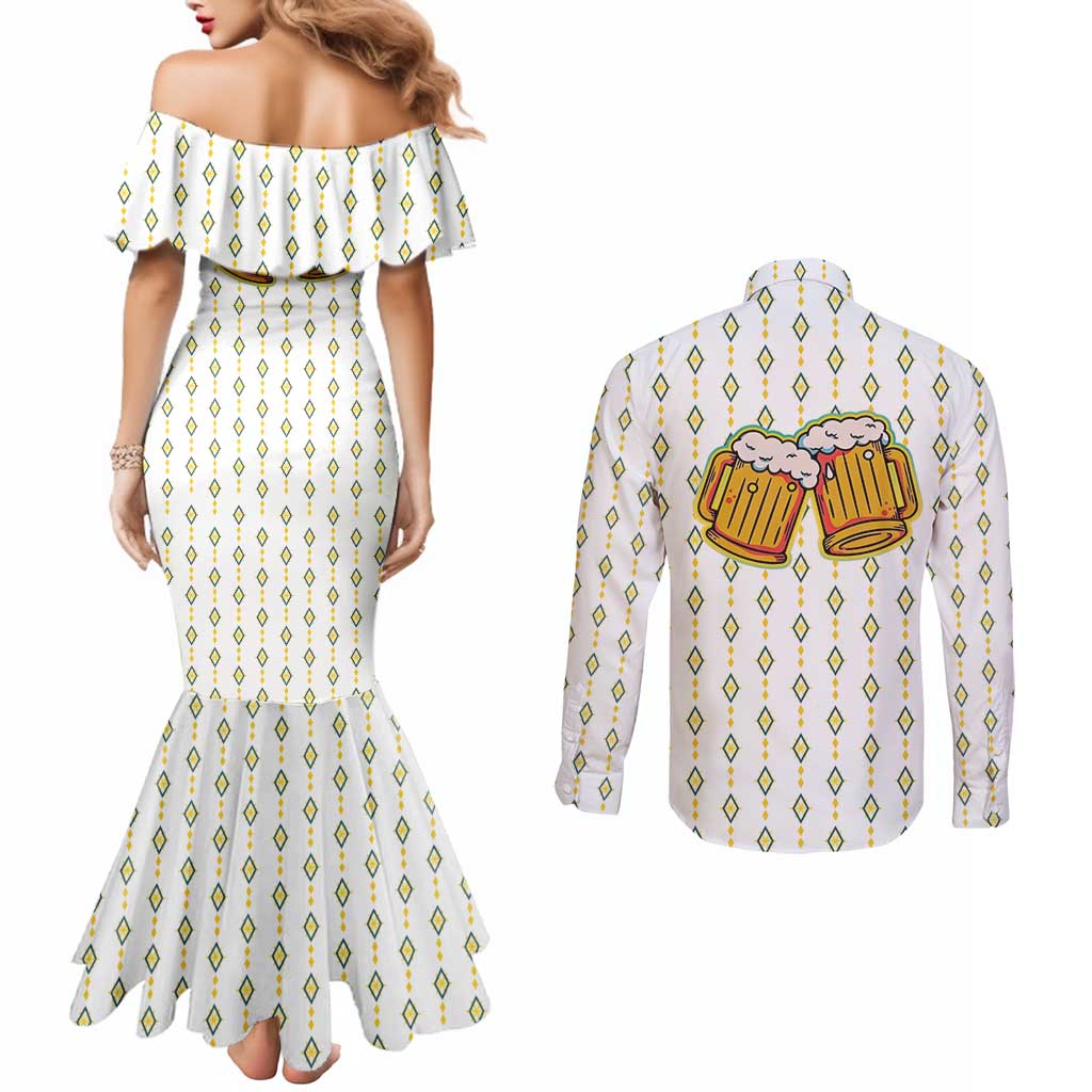Oktoberfest Couples Matching Mermaid Dress and Long Sleeve Button Shirt with Oktoberfest Beer Mug Illustration White Diamond - Wonder Print Shop