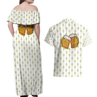 Oktoberfest Couples Matching Off Shoulder Maxi Dress and Hawaiian Shirt with Oktoberfest Beer Mug Illustration White Diamond - Wonder Print Shop