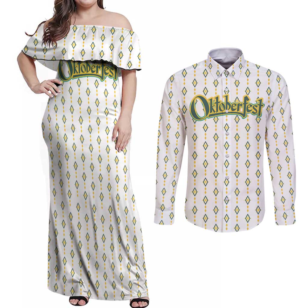 Oktoberfest Couples Matching Off Shoulder Maxi Dress and Long Sleeve Button Shirt with Oktoberfest Beer Mug Illustration White Diamond - Wonder Print Shop