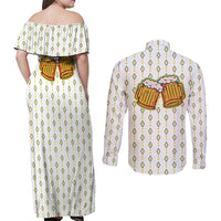 Oktoberfest Couples Matching Off Shoulder Maxi Dress and Long Sleeve Button Shirt with Oktoberfest Beer Mug Illustration White Diamond - Wonder Print Shop