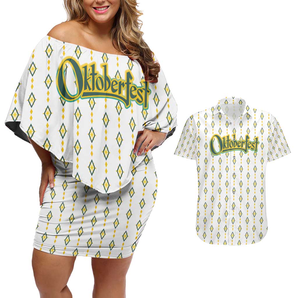 Oktoberfest Couples Matching Off Shoulder Short Dress and Hawaiian Shirt with Oktoberfest Beer Mug Illustration White Diamond - Wonder Print Shop