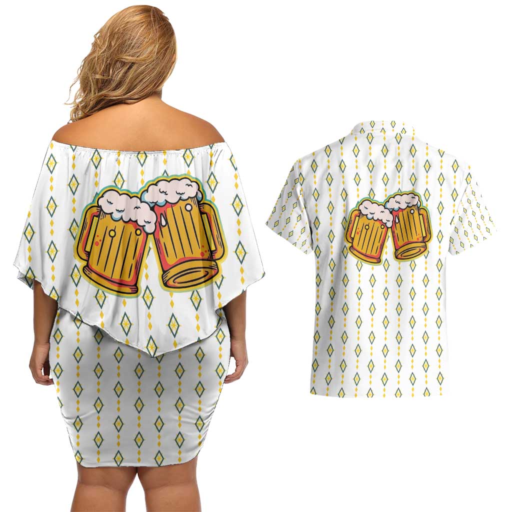 Oktoberfest Couples Matching Off Shoulder Short Dress and Hawaiian Shirt with Oktoberfest Beer Mug Illustration White Diamond - Wonder Print Shop