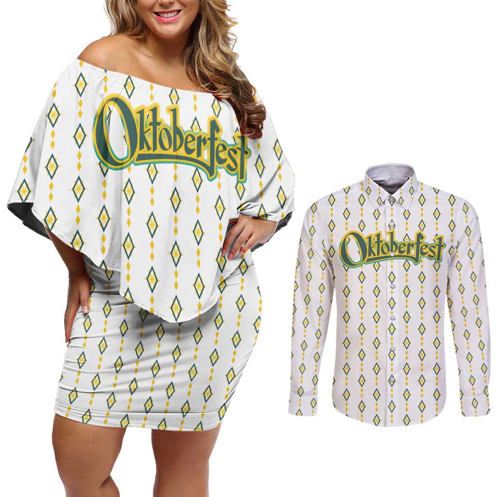 Oktoberfest Couples Matching Off Shoulder Short Dress and Long Sleeve Button Shirt with Oktoberfest Beer Mug Illustration White Diamond - Wonder Print Shop