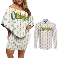 Oktoberfest Couples Matching Off Shoulder Short Dress and Long Sleeve Button Shirt with Oktoberfest Beer Mug Illustration White Diamond - Wonder Print Shop