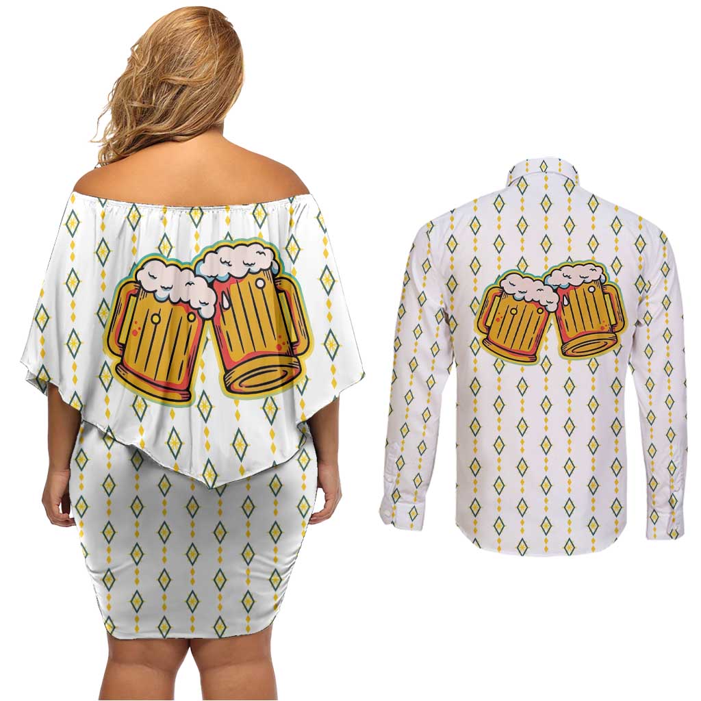 Oktoberfest Couples Matching Off Shoulder Short Dress and Long Sleeve Button Shirt with Oktoberfest Beer Mug Illustration White Diamond - Wonder Print Shop